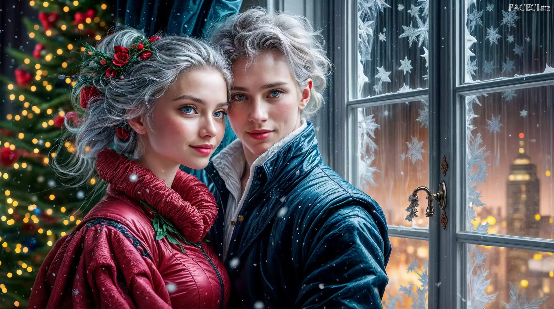 Okno, Choinka, Grafika, Kobieta, Mężczyzna